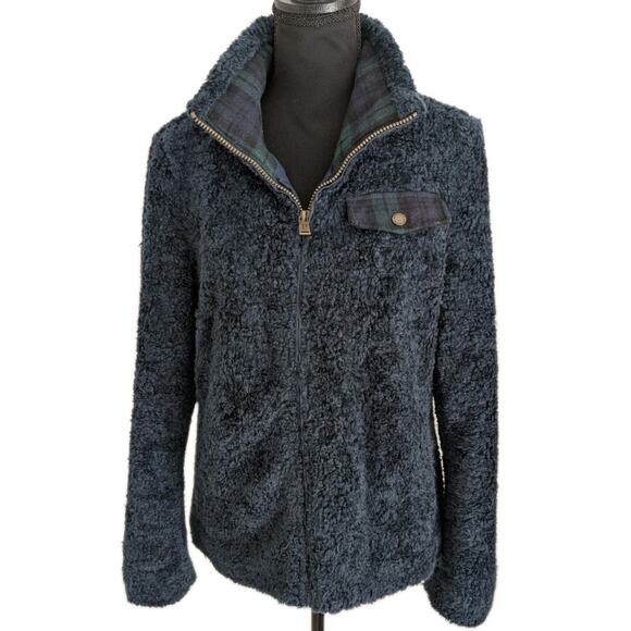 Pendleton Sherpa Fleece Jacket Women M Blue Plaid Accent Full Zip Mock Neck - Picture 1 of 14